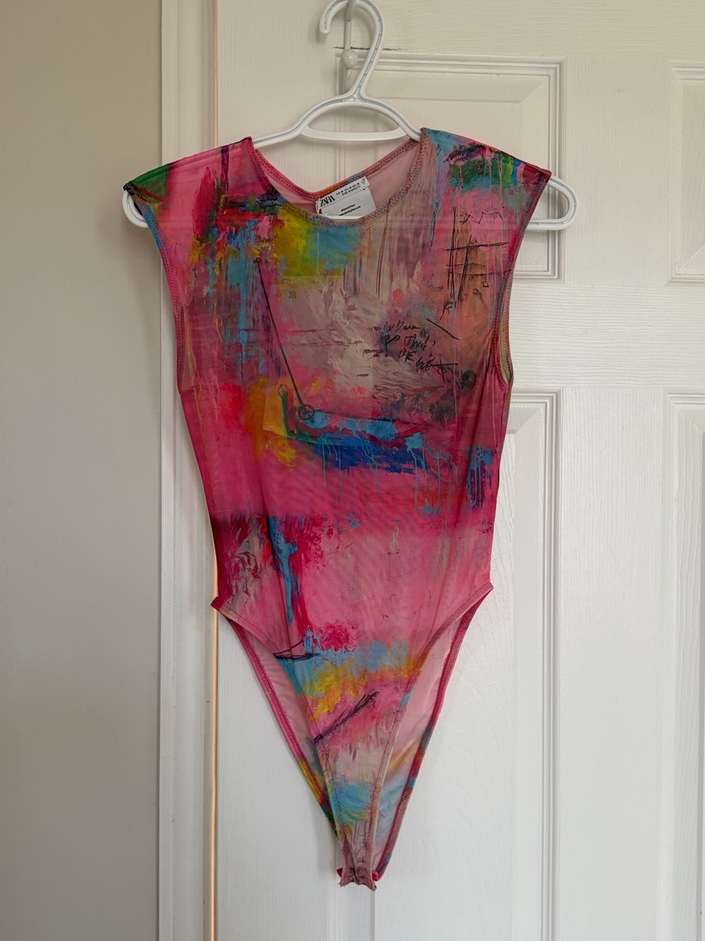 Zara Pink X David Pher Collaboration Abstract Multicolor Mesh One-Piece Bodysuit